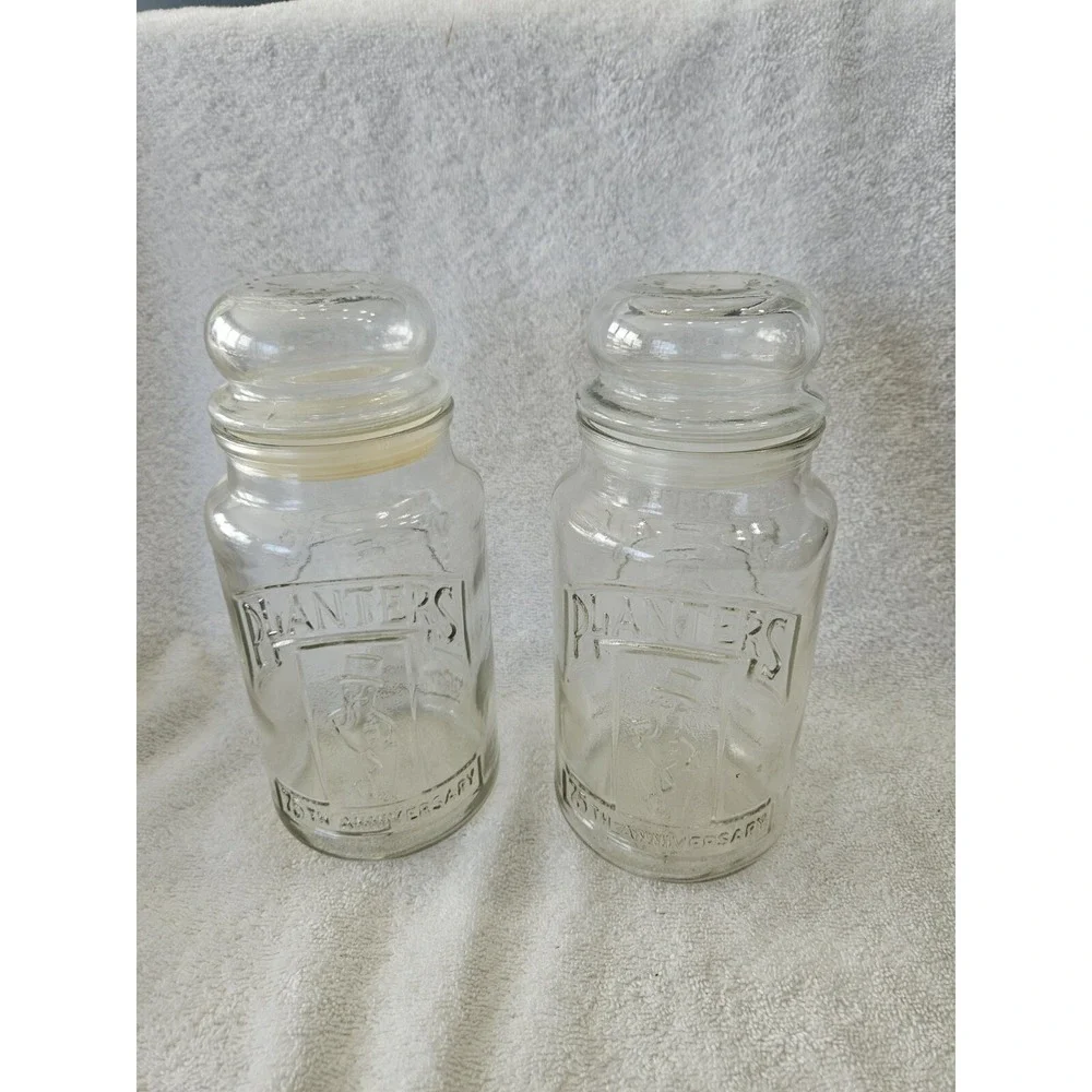 2 Vintage 1981 75th Anniversary Planters Mr. Peanut Glass Jar W/Lid Canister EUC